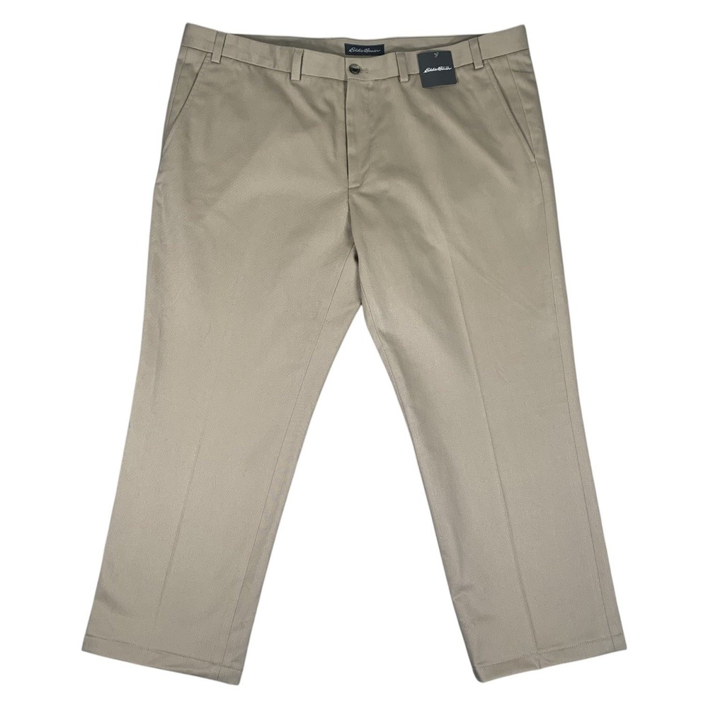 Eddie Bauer Classic Casual Performance Pants Mens 42 Khaki Tan Flat Front Cotton